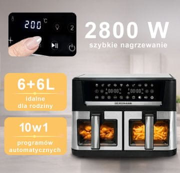 YO cvrtnik brez maščobe, 2 horizontalni komori, 6l + 6l, 2800W N