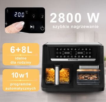 YO cvrtnik brez maščobe, 2 horizontalni komori, 6l + 8l, 2800W N