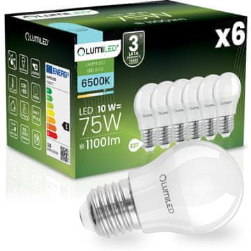 LUMILED 6x LED žarnica E27 krogla P45 10W = 75W 1100lm 6500K hladno svetilo 180°