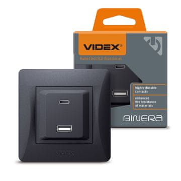 VIDEX Videx Binera 16A PD 20W USB-A + USB-C vgradna vtičnica, črna in grafitna