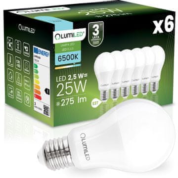 LUMILED 6x LED žarnica E27 A60 2,5 W = 25 W 275 lm 6500 K hladno 260°