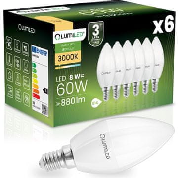 LUMILED 6x LED žarnica E14 svečka B35 8W = 60W 880lm 3000K topla 180°