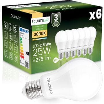 LUMILED 6x LED žarnica E27 A60 2,5 W = 25 W 275 lm 3000 K topla svetloba 260°