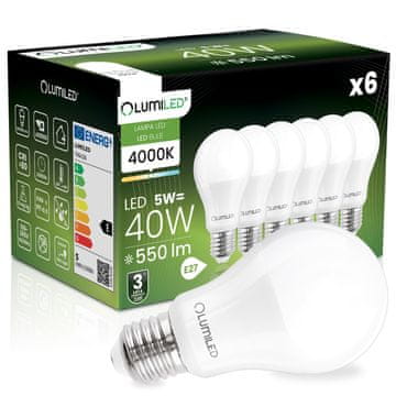 LUMILED 6x LED žarnica E27 A60 5W = 40W 550lm 4000K nevtralna 260°