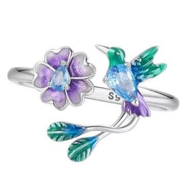 shumee Nastavljiv srebrni prstan Hummingbird and Flower 925