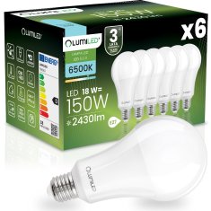 LUMILED 6x LED žarnica E27 A70 18W = 150W 2430lm 6500K hladno 260°