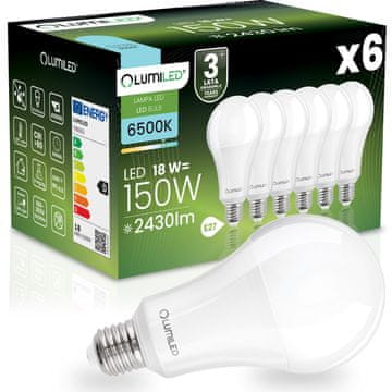 LUMILED 6x LED žarnica E27 A70 18W = 150W 2430lm 6500K hladno 260°