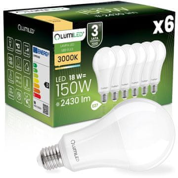 LUMILED 6x LED žarnica E27 A70 18W = 150W 2430lm 3000K Topla svetloba 260°
