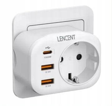 shumee Polnilna vtičnica Lencent 4-v-1, 2x USB-A, 1x USB-C Pd, vtič EU/PL