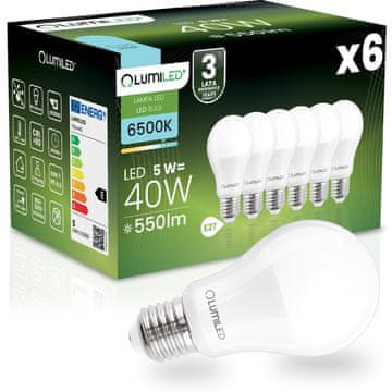 LUMILED 6x LED žarnica E27 A60 5W = 40W 550 lm 6500K hladno 260°