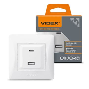VIDEX Videx Binera 16A PD 20W USB-A + USB-C vgradna vtičnica bela