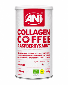 ani Collagen Coffee Raspberry & Mint BIO – instant kava z okusom maline in mete, 100 g