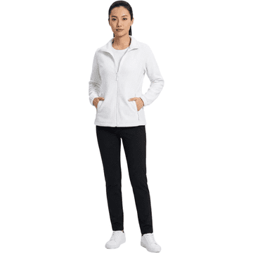 Ženska flis jakna na zadrgo bela 2XL, lahka in topla softshell jopa, zračna, elastična, s 4 žepi, stoječ ovratnik, za pohodništvo, šport in prosti čas, oprijet kroj, poliester, antistatična, udobna