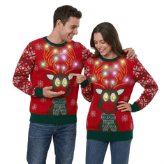 Božični pulover z LED osvetlitvijo unisex rdeč XXL, zabaven pleten pulover z dolgimi rokavi, 95 % akril, udoben regular fit kroj za božične zabave, baterijsko napajanje, okrogel izrez, mehak material