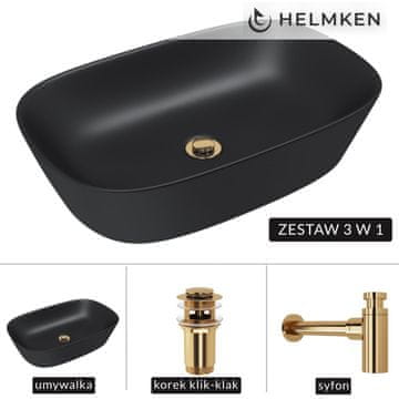 shumee Helmken 39360001 Umivalnik za pult (60x38) črne barve + zlati sifon + zlat klik-klak čep