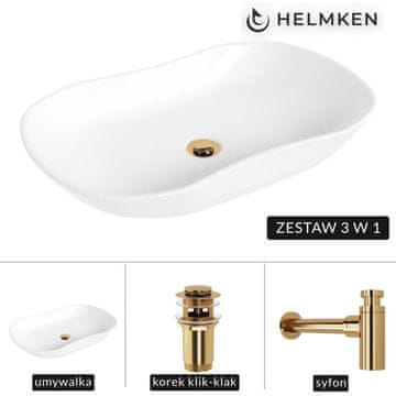 shumee Helmken 57066000 Umivalnik za pult (66x41) bel + zlat sifon + zlat klik-klak čep