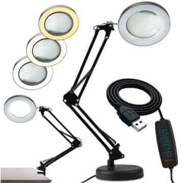 LUMILED LUCA 2 črna LED namizna svetilka 8W CCT risalna namizna svetilka 3x povečevalno steklo