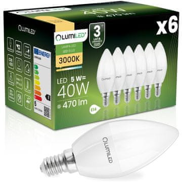 LUMILED 6x LED žarnica E14 svečka B35 5W = 40W 470lm 3000K topla svetloba 180°