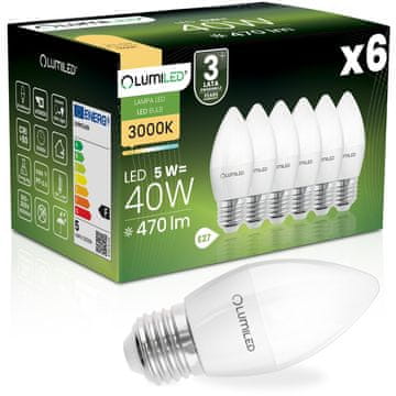 LUMILED 6x LED žarnica E27 svečka B35 5W = 40W 470lm 3000K topla svetloba 180°
