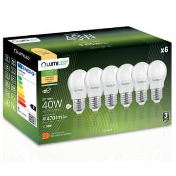 LUMILED 6x LED žarnica E27 krogla P45 5W = 40W 470lm 3000K topla svetloba 180°