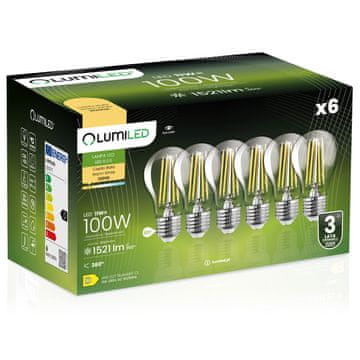LUMILED 6x LED žarnica E27 A60 11W = 100W 1521lm 3000K topla 360° osvetljena z žarilno nitko