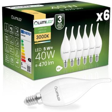 LUMILED 6x LED žarnica E14 svečka BA35 5W = 40W 470lm 3000K topla svetloba 180°