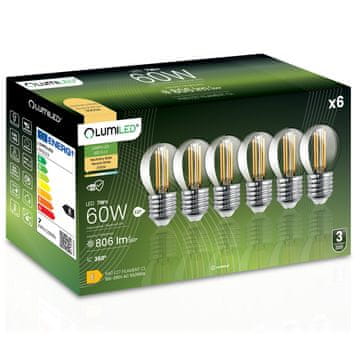 LUMILED 6x LED žarnica E27 krogla P45 7W = 60W 806lm 3000K topla 360° osvetljena z žarilno nitko