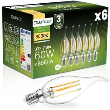 LUMILED 6x LED žarnica E14 svečka BA35 7W = 60W 806lm 3000K topla 360° žarnica z žarilno nitko