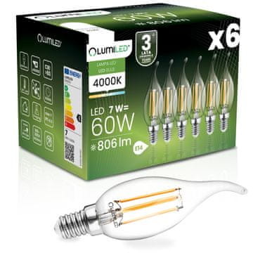 LUMILED 6x LED žarnica E14 svečka BA35 7W = 60W 806lm 4000K nevtralna 360° žarnica z žarilno nitko