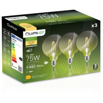 LUMILED 3x LED žarnica E27 krogla G95 8W = 75W 880lm 3000K topla 360° žarnica z žarilno nitko