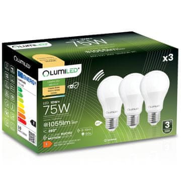 LUMILED 3x LED žarnica E27 A60 10W = 75W 1055lm 3000K Topla svetloba 260° s senzorjem gibanja