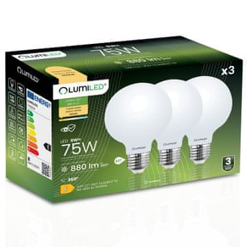 LUMILED 3x LED žarnica E27 krogla G95 8W = 75W 880lm 3000K topla 360° osvetljena z žarilno nitko