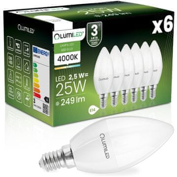 LUMILED 6x LED žarnica E14 svečka B35 2,5 W = 25 W 249 lm 4000K nevtralna 180° svetilnost