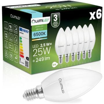 LUMILED 6x LED žarnica E14 svečka B35 2,5 W = 25 W 249 lm 6500 K hladna svetloba 180°