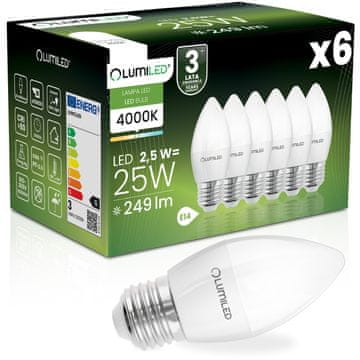 LUMILED 6x LED žarnica E27 svečka B35 2,5 W = 25 W 249 lm 4000 K nevtralna 180° svetilnost