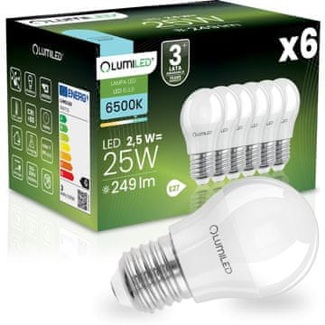 LUMILED 6x LED žarnica E27 krogla P45 2,5 W = 25 W 249 lm 6500 K hladno svetilo 180°