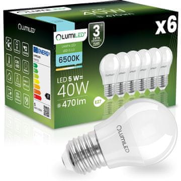 LUMILED 6x LED žarnica E27 krogla P45 5W = 40W 470lm 6500K hladno 180°