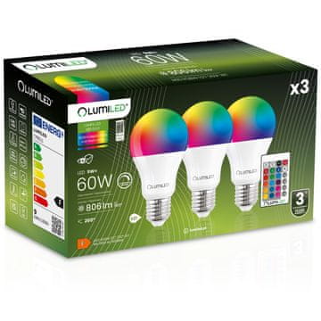 LUMILED 3x LED žarnica E27 A60 9W = 60W 806lm 3000K + RGB večbarvna zatemnilna 260° daljinski upravljalnik