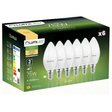 LUMILED 6x LED žarnica E14 svečka B35 10W = 75W 1100lm 3000K topla svetloba 180°