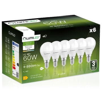 LUMILED 6x LED žarnica E14 krogla P45 8W = 60W 880lm 4000K nevtralna 180° svetilnost