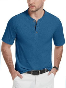 Moška polo majica Henley KEFITEVD, kratki rokavi, brez ovratnika, gumijasto zapenjanje, bombaž poliester, modra, velikost M, dihljiva in odporna proti gubanju, teliran kroj