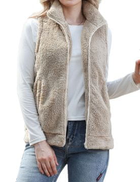Ženski brezrokavnik Teddy Fleece, mehak plišast flis, topel jesen-zima, visok ovratnik, polna zadrga, 2 stranska žepa, elastičen spodnji rob, udoben casual stil, bež barva, velikost XL, poliester