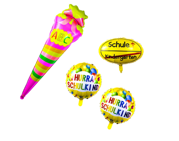 Komplet balonov za deklice zlata in rožnati, 4 kosi z nemškim napisom, kovinski lesk, za helium ali zrak, samotesnilni mehanizem, največji 110 x 40 cm, srednji 65 x 45 cm, manjši 45 x 45 cm
