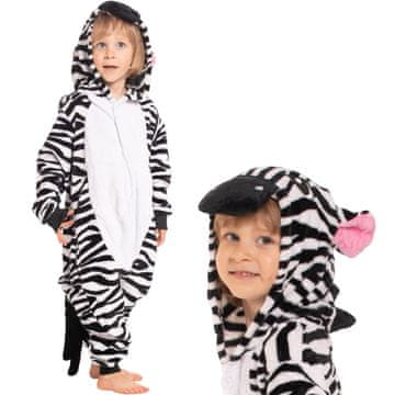 Nikcorp otroška pižama kigurumi Nikcorp onesie zebra, črno-bela črtasta z kapuco in ušesi, mehka enodelna jumpsuit za spanje in igro, višina 125-135 cm
