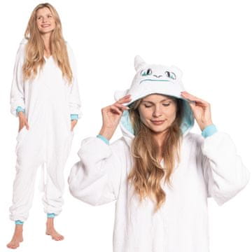 Nikcorp Ženska enodelna pižama Kigurumi Onesie Zmaj Brezzobi Bela Furija, mehak kombinezon za višino 155-165 cm, velikost M