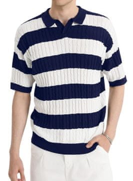 HYPESTFIT Moška polo majica kratki rokavi vintage retro črtasti vzorec rebrasta pletenina mornarsko modra z belimi črtami XL 100% poliester smart casual