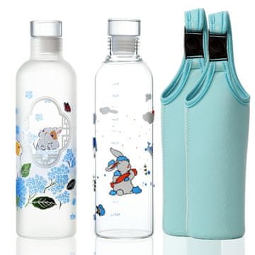 Steklen bidon za vodo 500 ml brez BPA borosilikatno steklo komplet 2 kosov z neoprenskim etuijem in jeklenim pokrovčkom proti iztekanju, 22,5 x 6,5 cm