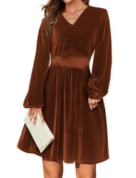 Elegantna žametna midi obleka A-linija, rjava, velikost L, V-izrez, dolgi lantern rokavi z elastičnimi manšetami, raztegljiv material 95 % poliester in 5 % elastan, elastičen pas za večerne