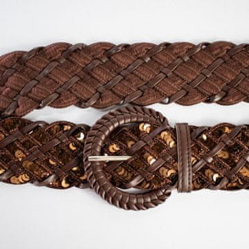 Nikcorp Pletený pás za hlače za ženske elegantní 115 cm rjavo-zlat s zlatimi bleščicami boho chic širina 5 cm klasična zaponka