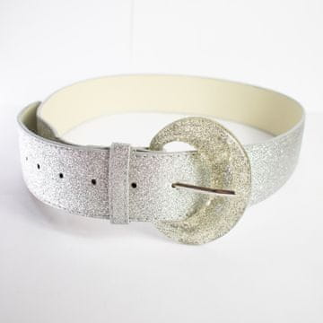 Nikcorp Ženski pas za hlače Disco Glam bleščeč z bleščicami, srebrn Silver Sparkle 110 cm, širina 5 cm, kovinska zaponka, party karneval klub